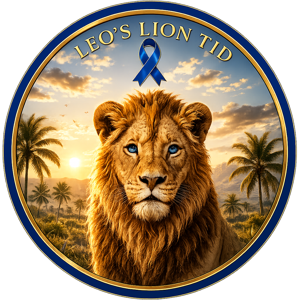 Leo's Lion T1D commemorative medallion featuring a lion at sunset with a blue awareness ribbon